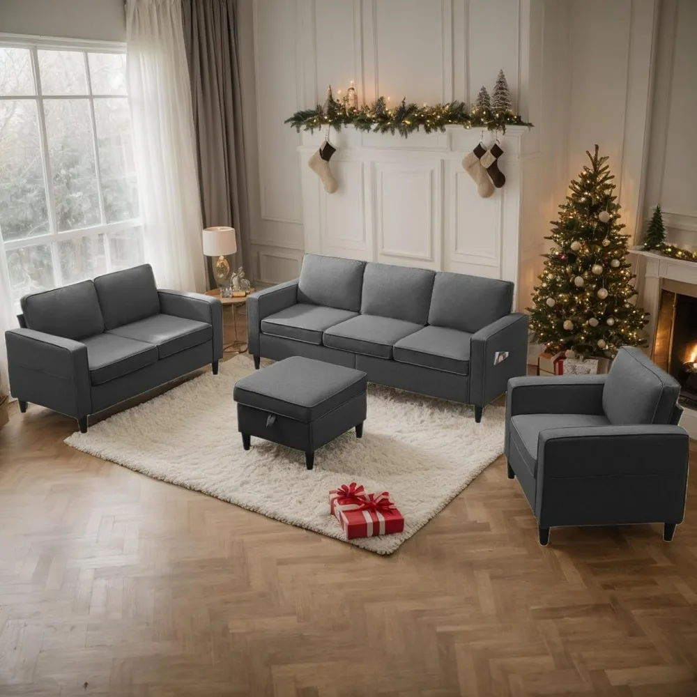 3PCS Living Room Sofa Set, Side Pockets & Movable Storage Ottoman, Combination Sofa Include Armchair,Loveseat and 3 Seater Couch