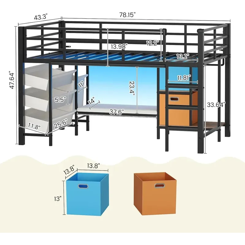 Low Loft Bed Twin Size with Storage Bins and Reading Corner Black