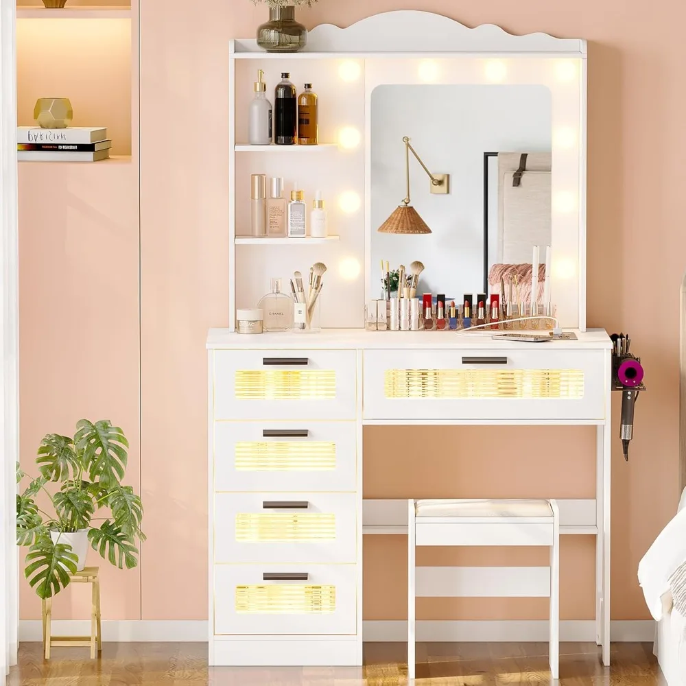 Vanity Desk with Mirror and Lights, Vanity Dressing Table with 5 Drawers and Cushioned Stool, Makeup Vanity Set