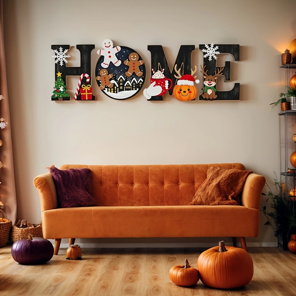 2D Colours HOME Letter Wooden Christmas Wall Hanging Decor Festive Season Ornaments for Villa Farmhouse New Year Porch Decora