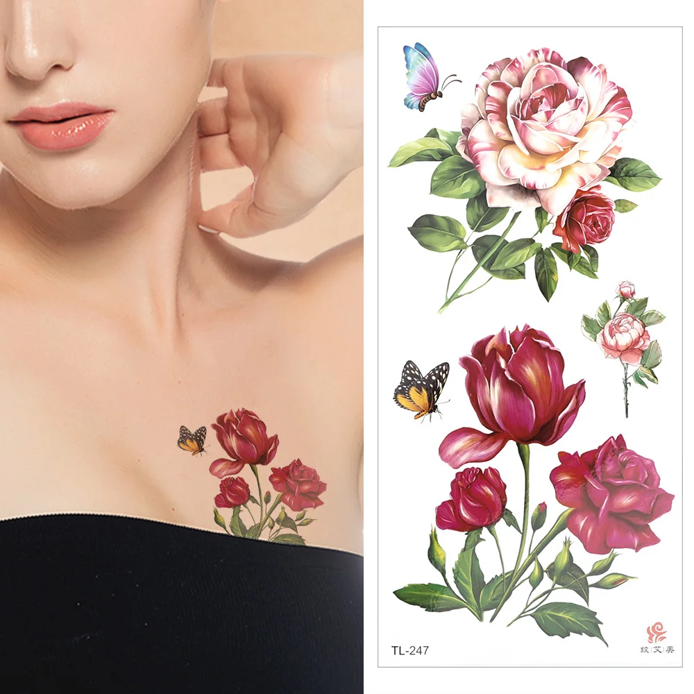 Waterproof Flower Temporary Tattoo Sticker Rose Pattern Water Transfer Under Breast Shoulder Colorful Flower Body Fake Tattoo