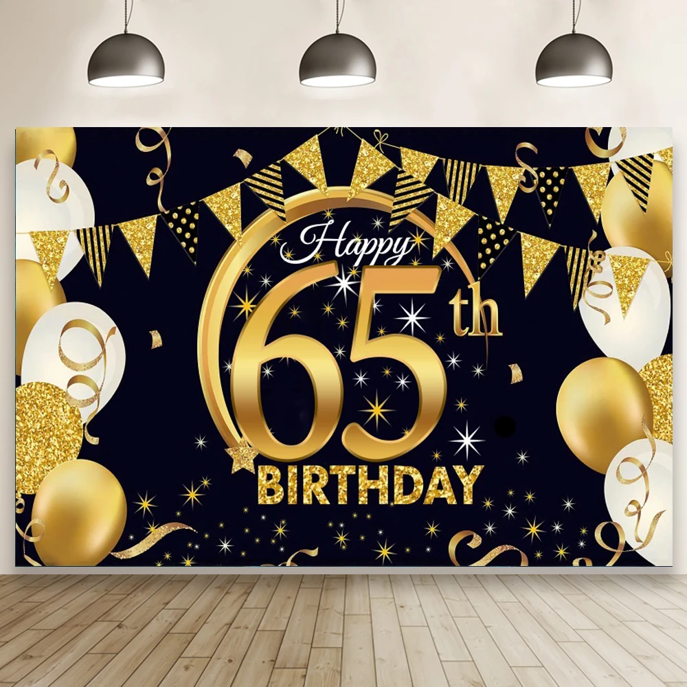 

Black Glod 65th Birthday Backdrop Men Women Happy Birthday Party Photography Background For Photo Studio Supplies Banner