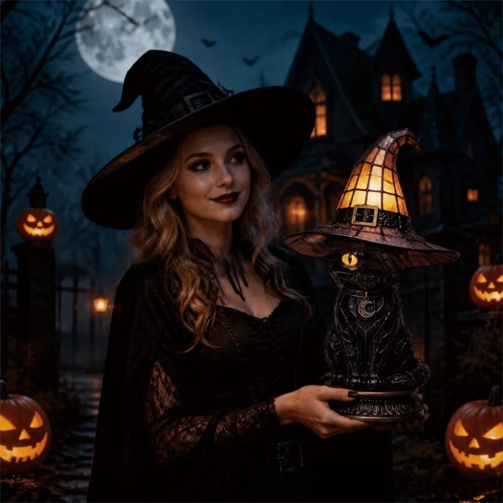 Home Ornaments Cat Bird Halloween Lamp Gothic Acrylic Desktop Lights Colorful Home Decoration Witch Hat Lamp Office Dorm view 3