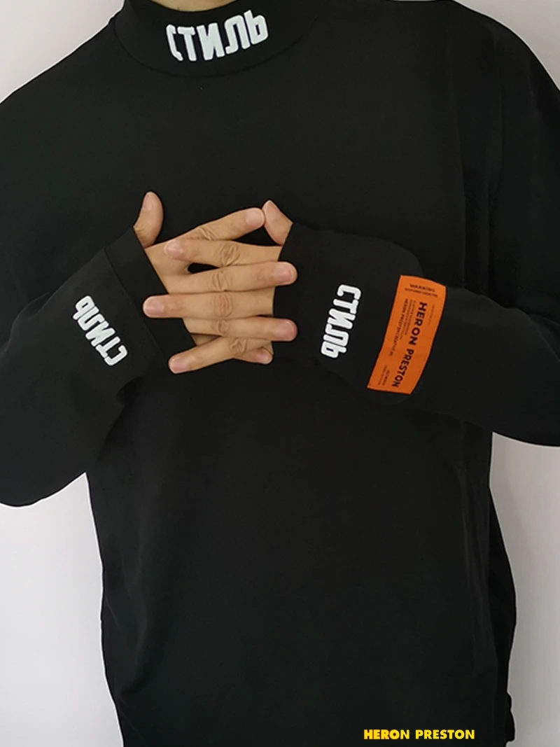 

Heropn Preston Long Sve T-irt ex CTNNB Embroidery Bla Base irt f High Collar Trendy Cotton Youth Faion