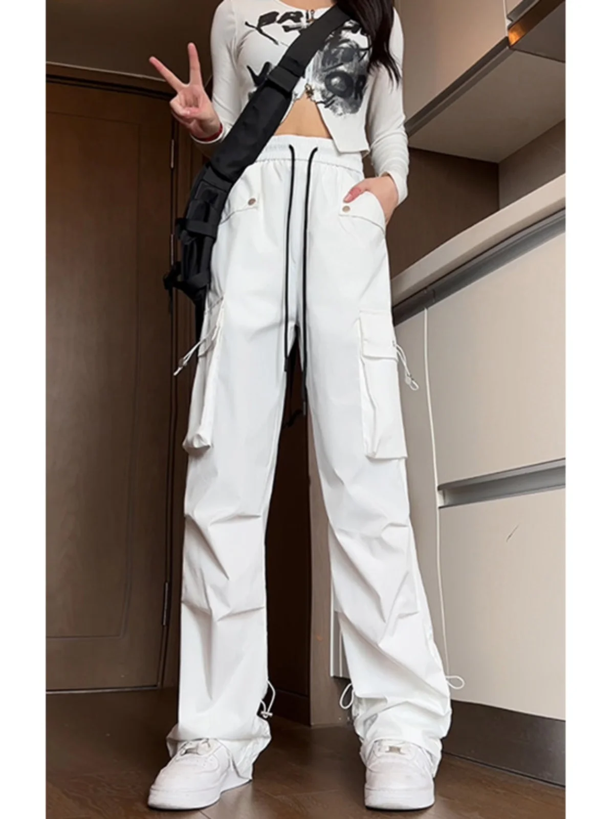 

White Workwear Trousers Men's American Hiphop Trendy High Street Casual Trousers Vibe High Street Functional Paratrooper Pants