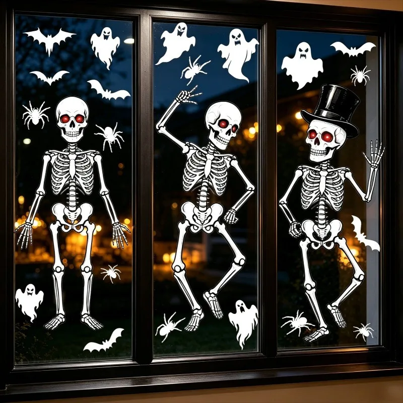 Easy Apply, Removable Halloween Window Clings, Skeleton Glass Decals, Static Sticker for Home Party, Spooky Decor