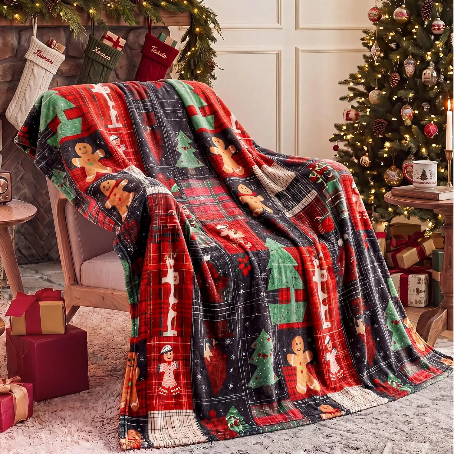 Fanfanwin Christmas Patchwork Gingerbread Man Throw Blanket, 50 x 60 Inch