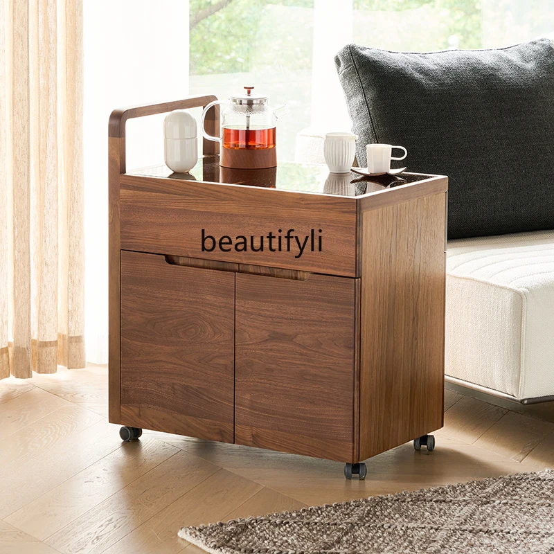 

North American Black Walnut Wooden Sofa Side Cabinet Movable Coffee Table Living Room Solid Wood Side Table Light Luxury