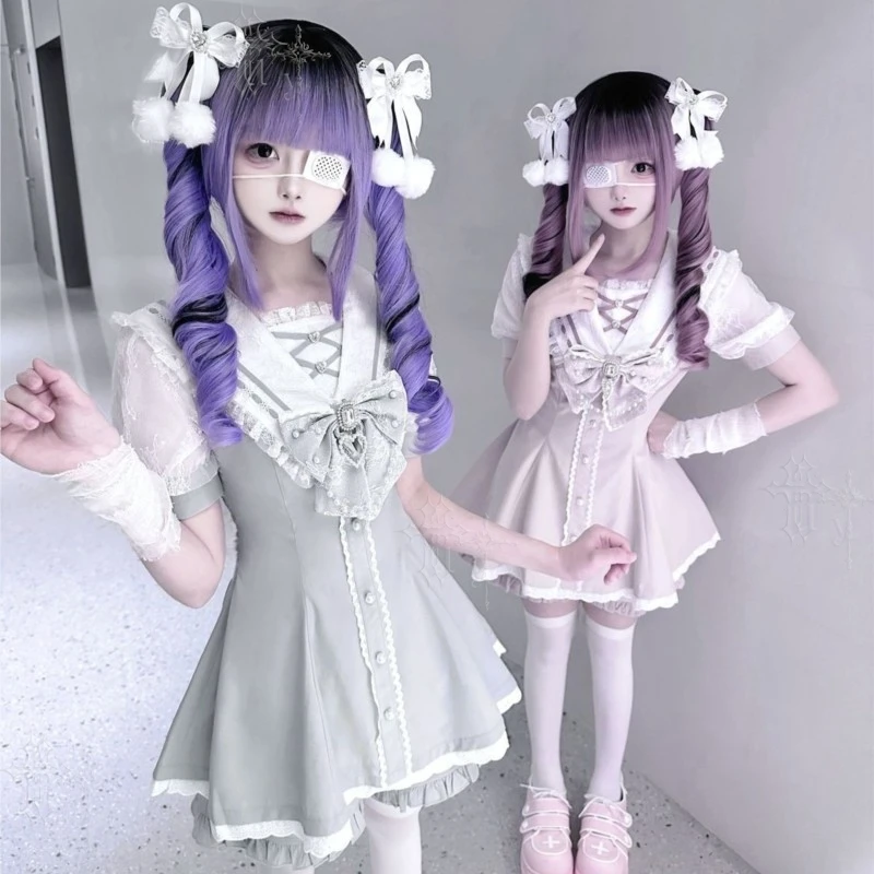 Jirai Kei Summer Sweet Japanese Lolita Outfit Lace T Sailor Neck Short Dress Plaid Solid Color Cute Daily Wear Kawaii Mini Skirt - view 2