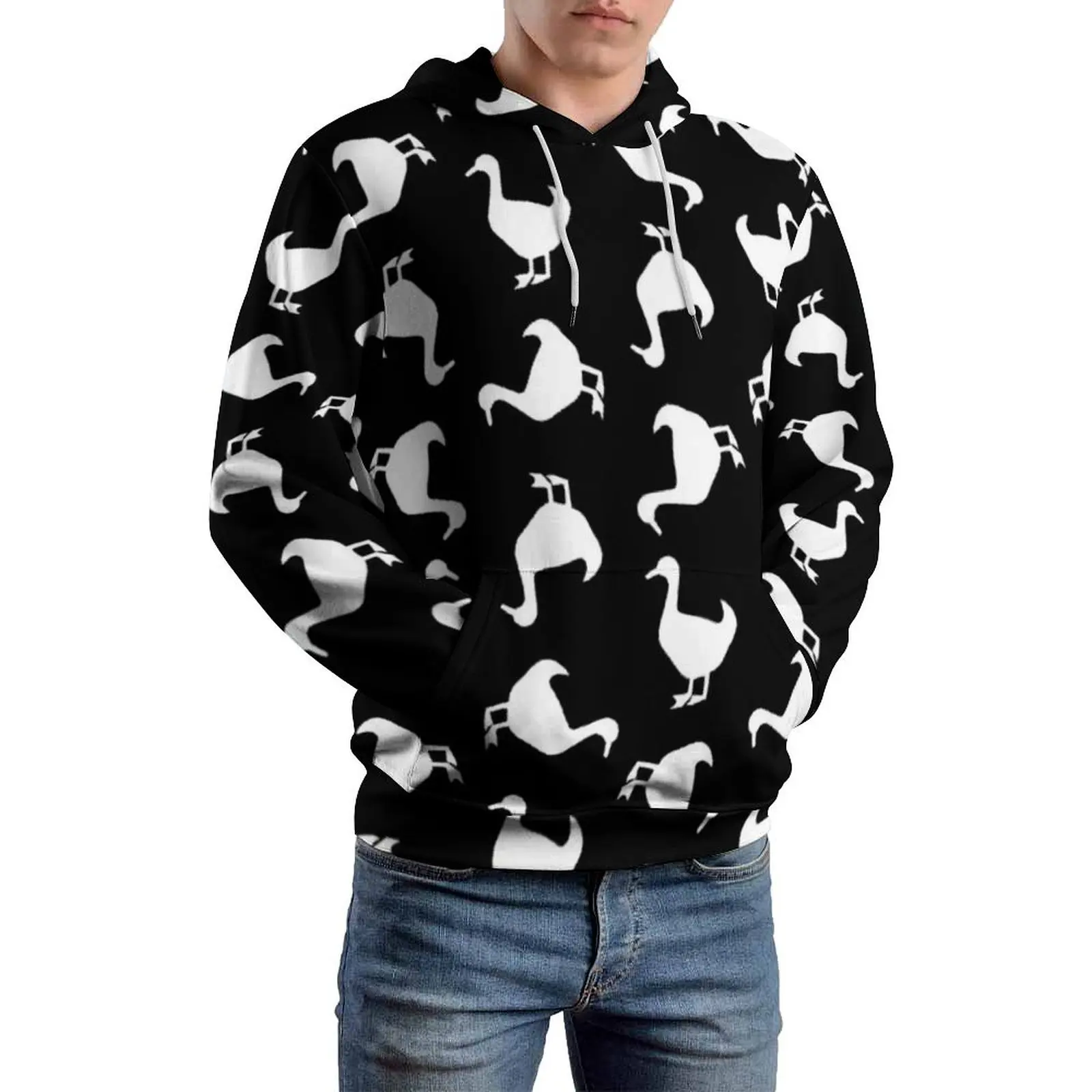 Animal Silhouette Casual Hoodies Male Black And White Duck Hooded Sweatshirts Autumn Long-Sleeve Street Wear Oversize Hoodie