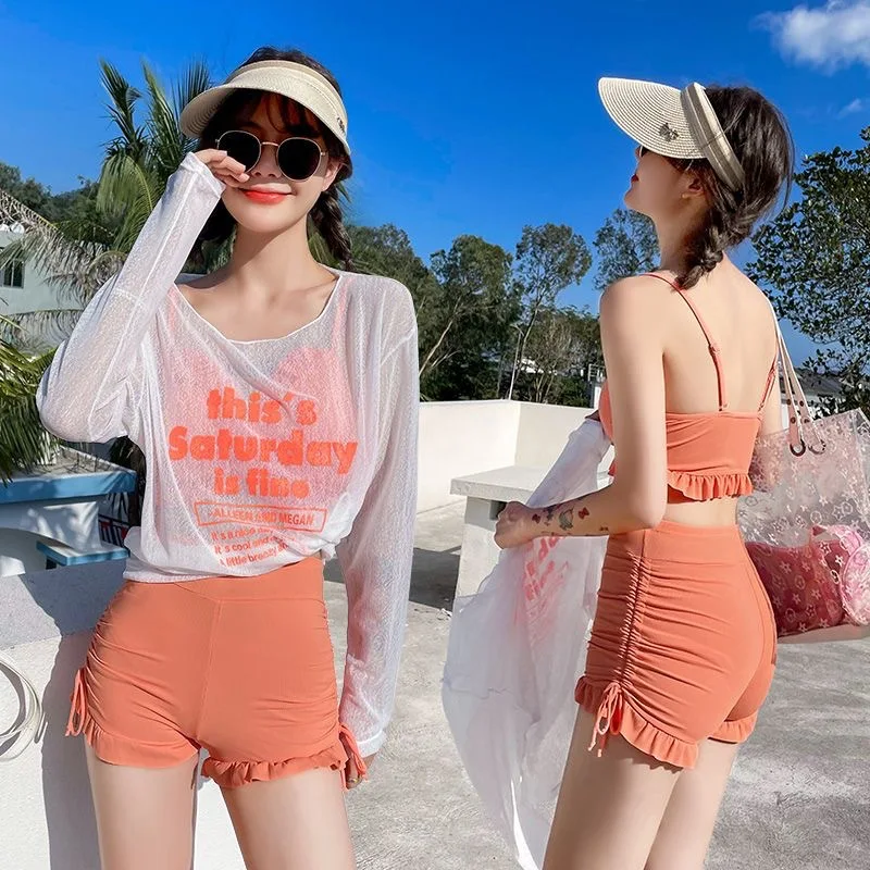 

Купальник с длинными рукавами, женский раздельный купальник, для похудения, прикрывающий живот, консервативный новый модный купальник