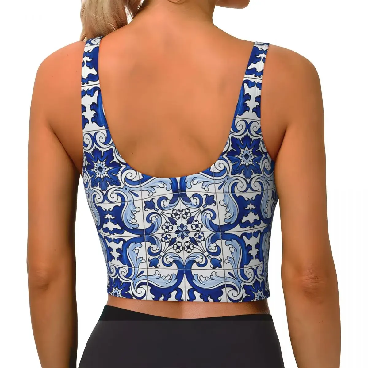 Custom Antique Classic Lisbon Blue Azulejo Tile Floral Women Sports Bras High Impact Vest Gym Workout Yoga Crop Tank Tops