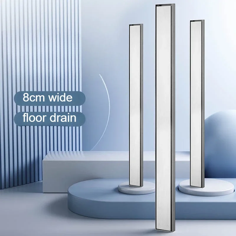 304 Stainless Steel 8cm Wide Rectangular Floor Drain, Tile-Installable, Odor-Proof & Anti-Overflow,  Bathroom & Shower Enclosure