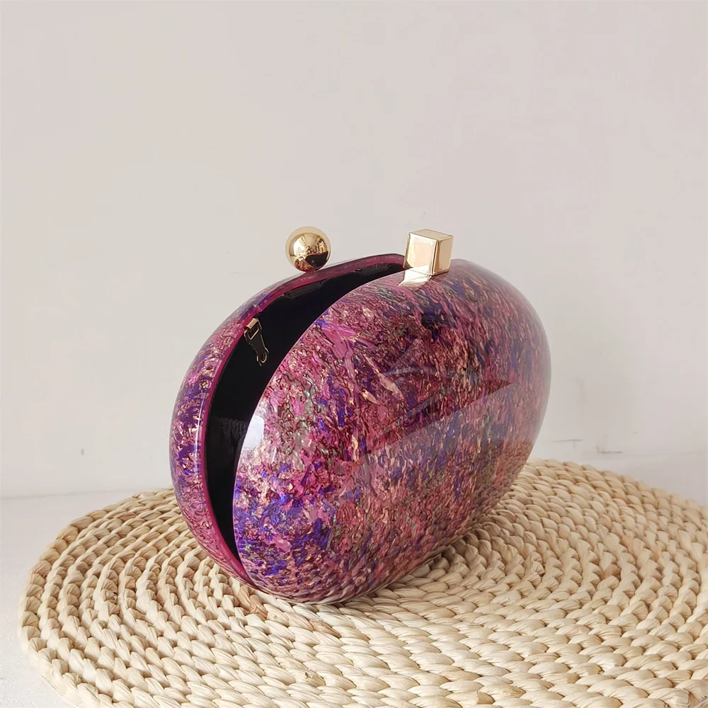 Oval Purple Glitter Party Female Custom Luxury Brand Lady Purses And Handbags Party Bag Marble Evening Bag Acrylic Clutch Purse