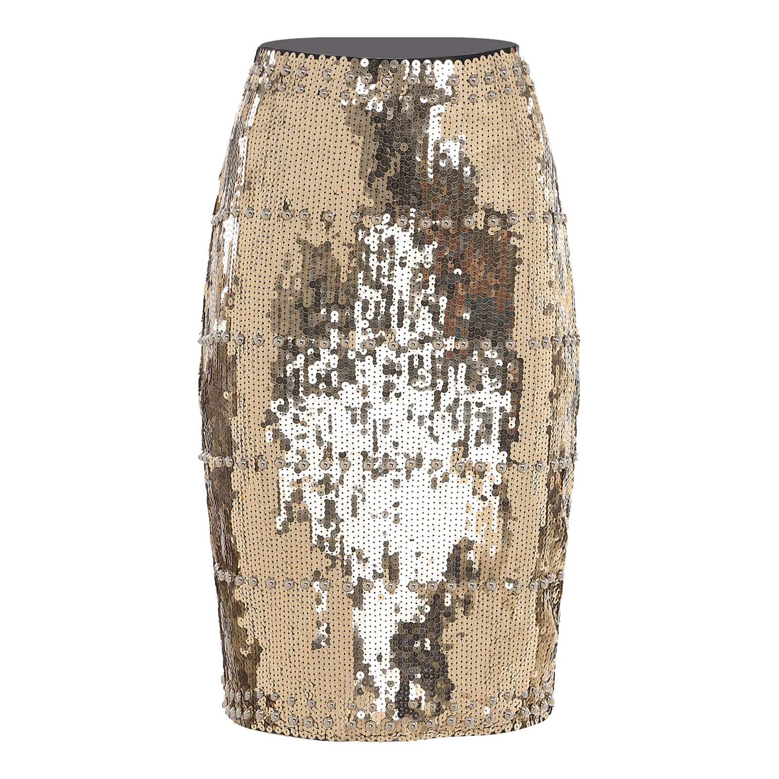 

Womens Glittery Bodycon Skirt Allover Sequins with Rivets Decor Side Zipper Fully Lining Knee-length Pencil Skirt Clubwear