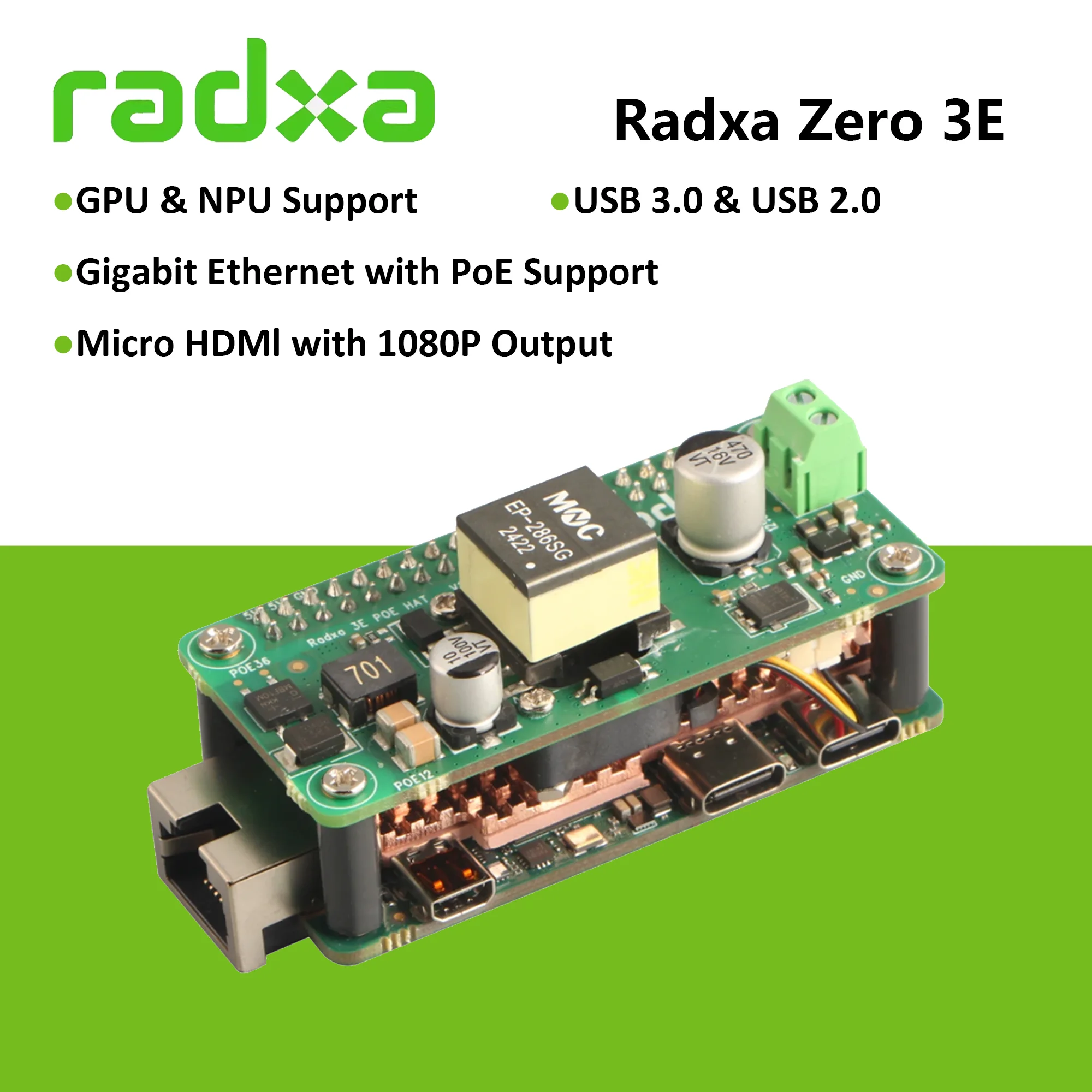 Плата разработки Radxa ZERO 3E RK3566, 4-ядерный процессор, графический процессор, NPU, HDMI с выходом 1080P, комплект Gigabit Ethernet опционально