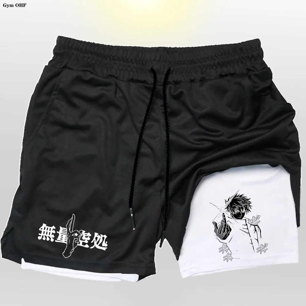 Anime Print Running Shorts Men Fitness Gym Training 2 in 1 Sports Shorts Quick Dry Workout Jogging Double Deck Summer Men Shorts