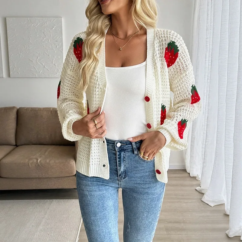 Women's Strawberry Print Knit Cardigan Sweater V Neck Long Sleeve Button Front Casual Loose Crochet Jumper Autumn Fashion Top