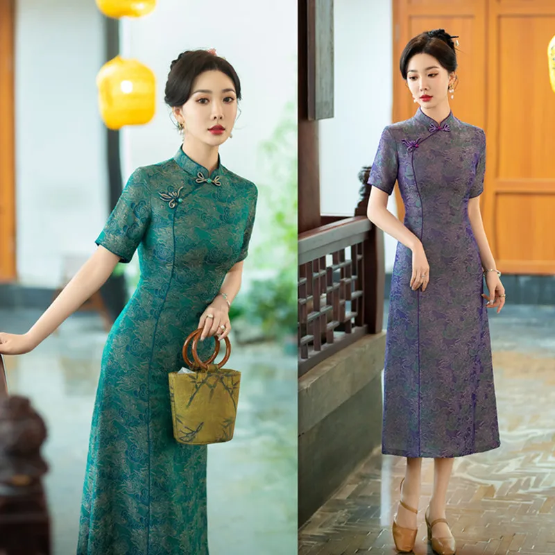 ซูโจวและหางโจวปรับปรุงใหม่สไตล์จีน Cheongsam ยาว Qi Pao กระโปรงแกว่งขนาดใหญ่ฤดูใบไม้ผลิฤดูร้อนผู้หญิงสูงอายุวัยกลางคน