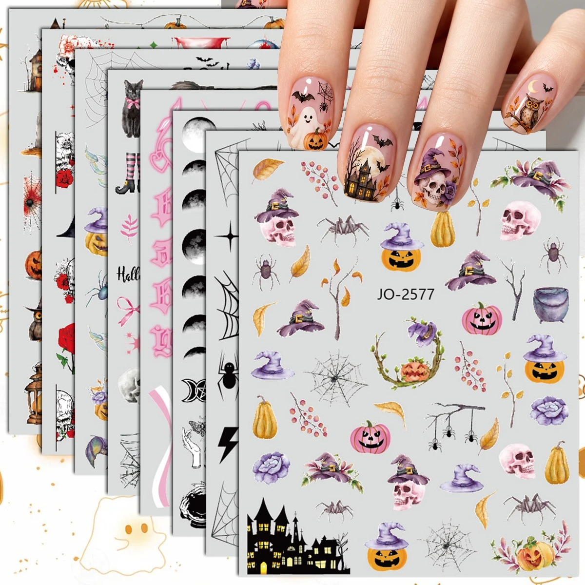 2 to 8 Sheets 3D Halloween Pumpkin Ghost Skull Witch Bat Spider Web Self-Adhesive DIY Nail Art Stickers