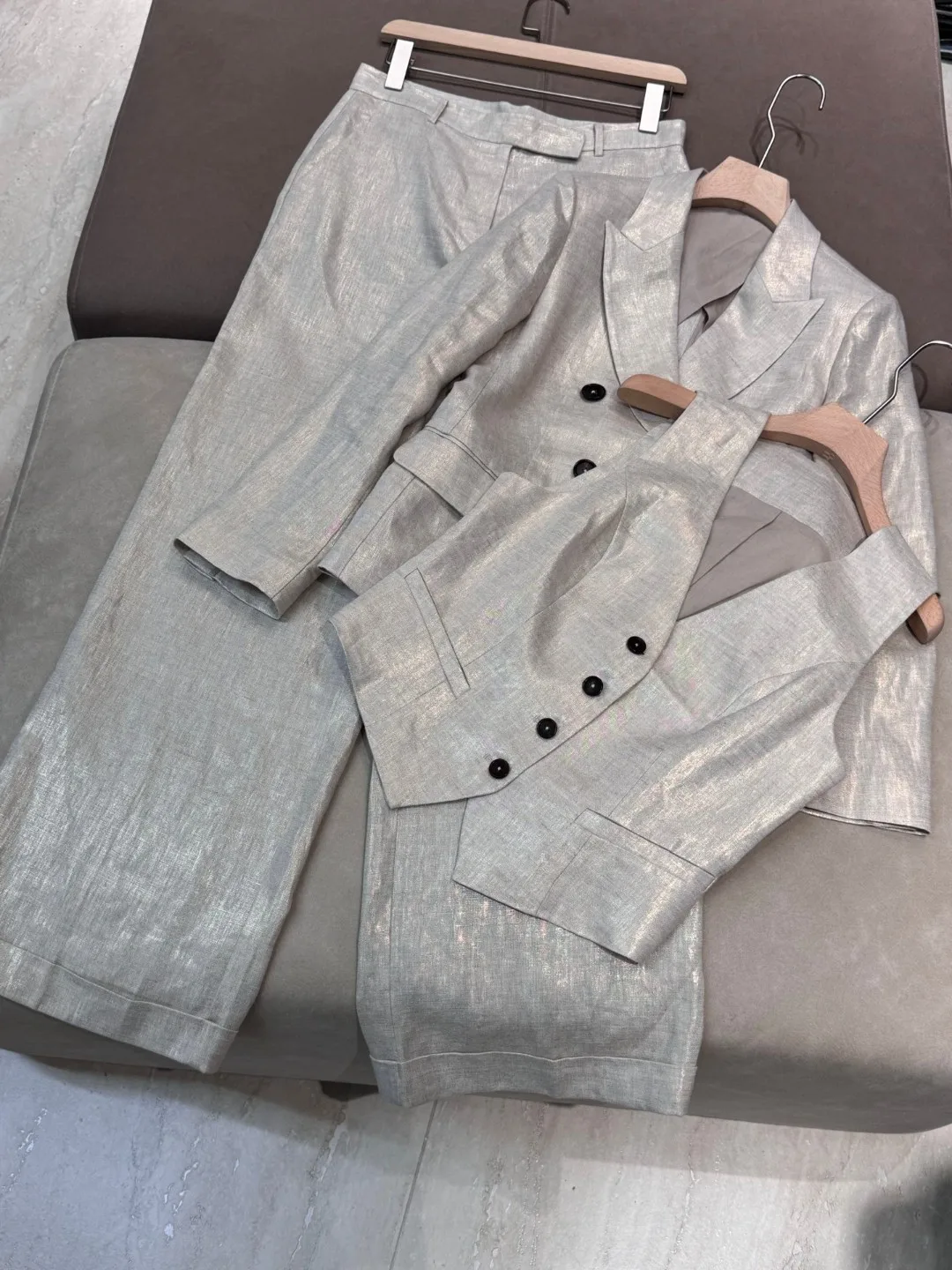 Summer casual luxurious shiny solid color linen suit