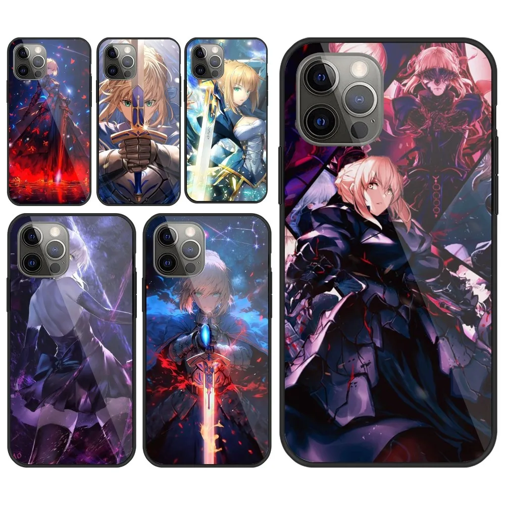 Fate Night Saber Mobile Cell Phone Case for iPhone 15 14 13 12 11 XS X 8 7 6 Plus Mini Pro Max SE 2022 PC Glass Cover Funda