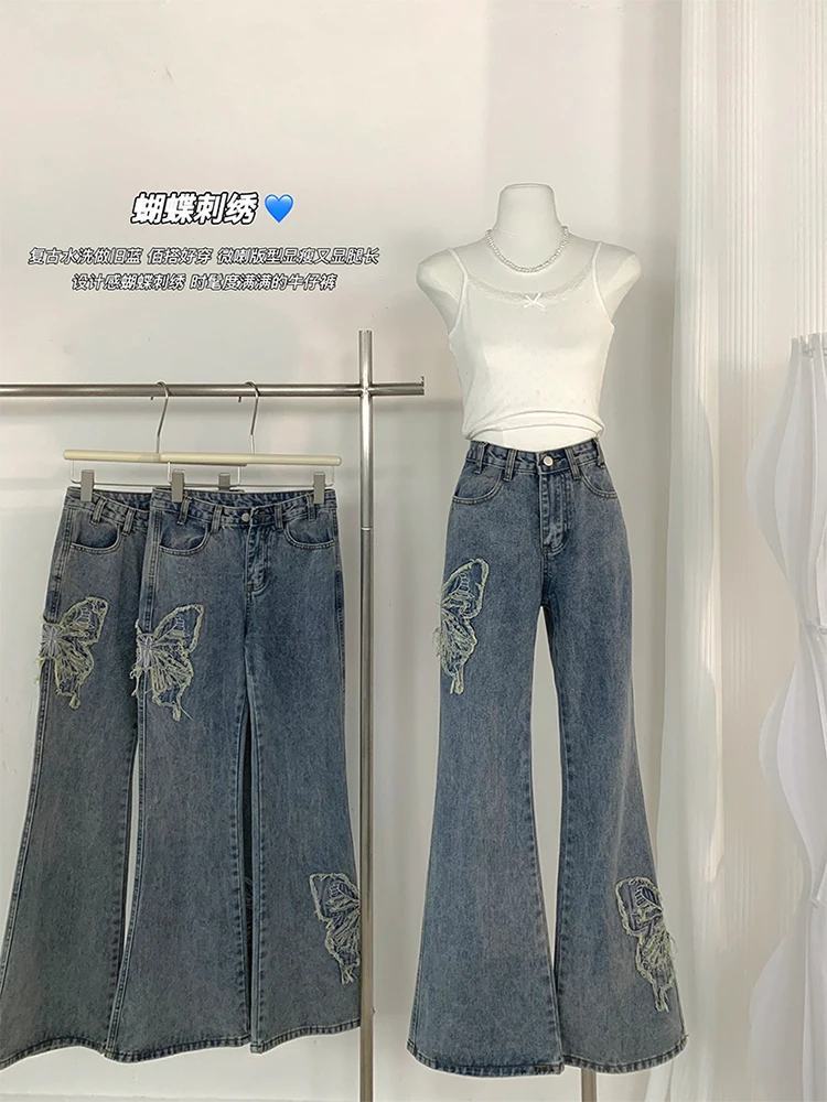 Jeans évasés en denim brodés pour femmes, bas de cloche Harajuku, streetwear long fjY2k, mode japonaise esthétique des années 2000