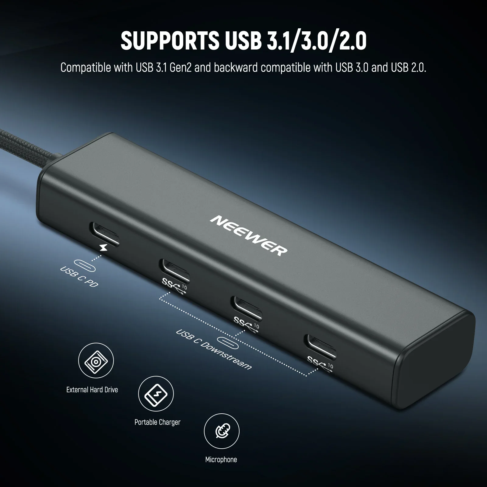 NEEWER PS020E 4-in-1 USB C Hub 3.1 Gen2, 100W PD Docking Station with Cold Shoe Adapter for Vlogging