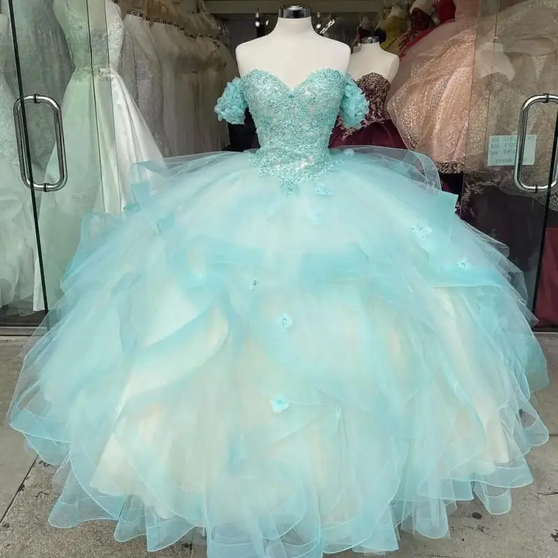 Elegante abito da ballo Aqua Abito Quinceanera 2025 con maniche corte con spalle scoperte Dolce 16 Festa di compleanno Abiti reali De XV Años