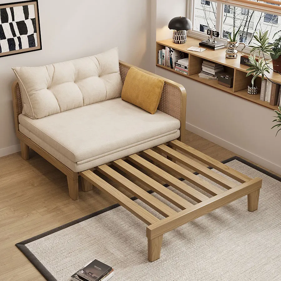 all-solid wood sofa bed folding dual-purpose small apartment living room bedroom removable and washable pull-out retractable bed