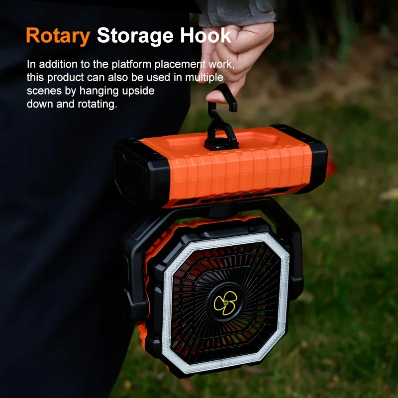 20 000Mah Portable LED Camping Fan with Integrated Light - USB Rechargeable Outdoor Cooling Fan for Tents, Hiking, And Fishing - Durable Compact Design, Green And Orange, Essential for Hiking, Robust Handle Feature, Camping Gear