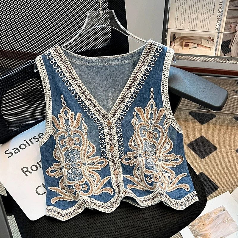 

Summer New Vintage Embroidery Slim Thin Short Denim Vest Women Fashion V-Neck Single-Breasted Sleeveless Cowboy Waistcoat Female