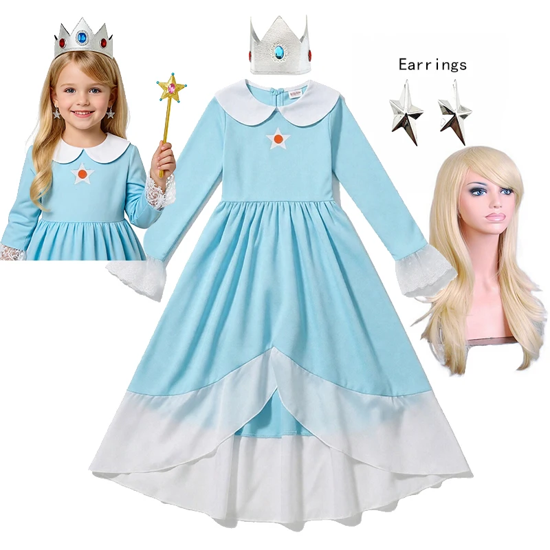 Vestido Azul Rosalina para Niñas, Disfraz de Halloween Color Durazno, Disfraz de Princesa para Juego de Roles, Vestido de Manga Larga