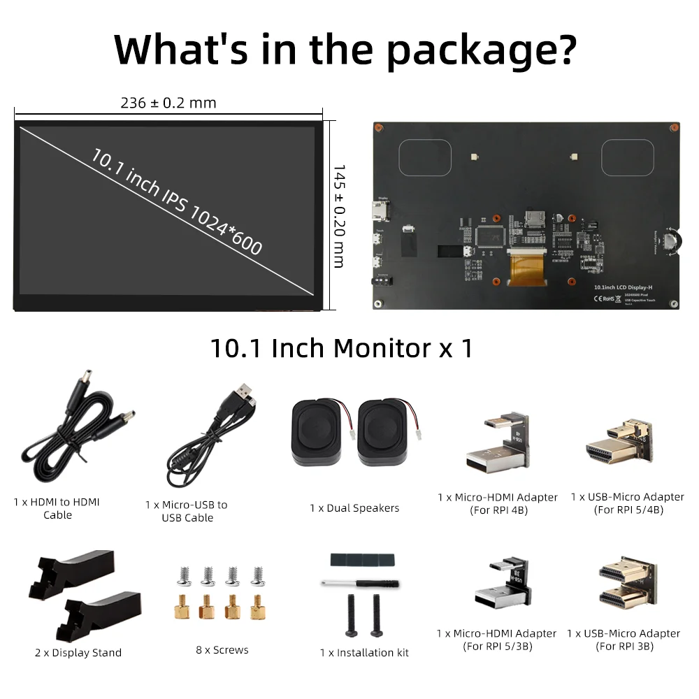 10.1 Inch IPS LCD Touch Screen 1024*600 HDMI Display with Holder Monitor for Raspberry Pi 5 4B 3B