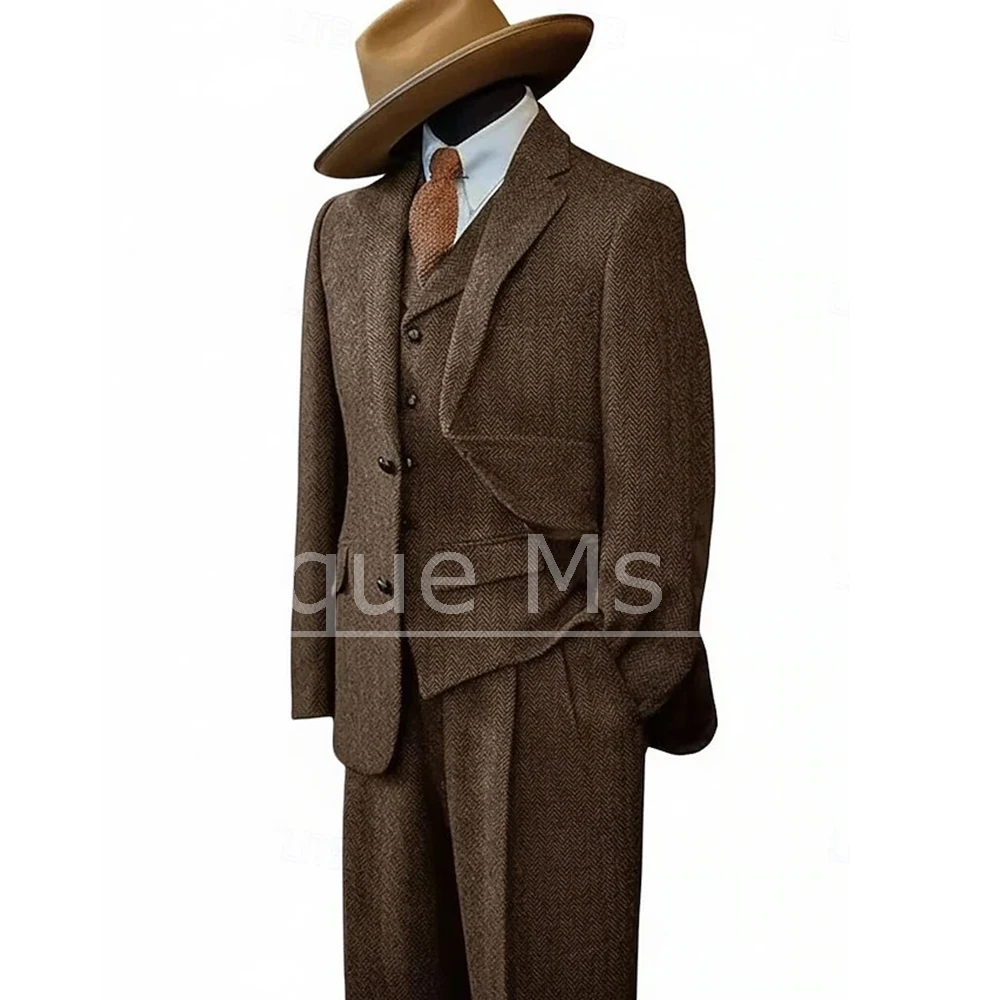 

Men's Herringbone Suit Vintage Slim Fit Single Breasted Tweed 3 Piece Jacket Vest Pants Formal Business Wedding Party Tuxedo