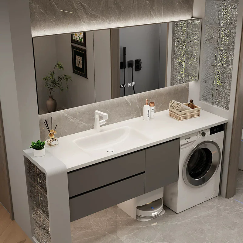 

Multi-layer solid wood honeycomb aluminum bathroom cabinet combination ceramic seamless countertop washstand