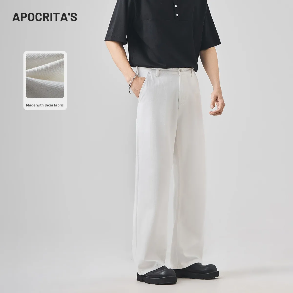 

White Loose Straight Leg Men's Jeans Versatile High Waist Zipper Closure Casual Straight Fit Jeans for Young Men in Spring