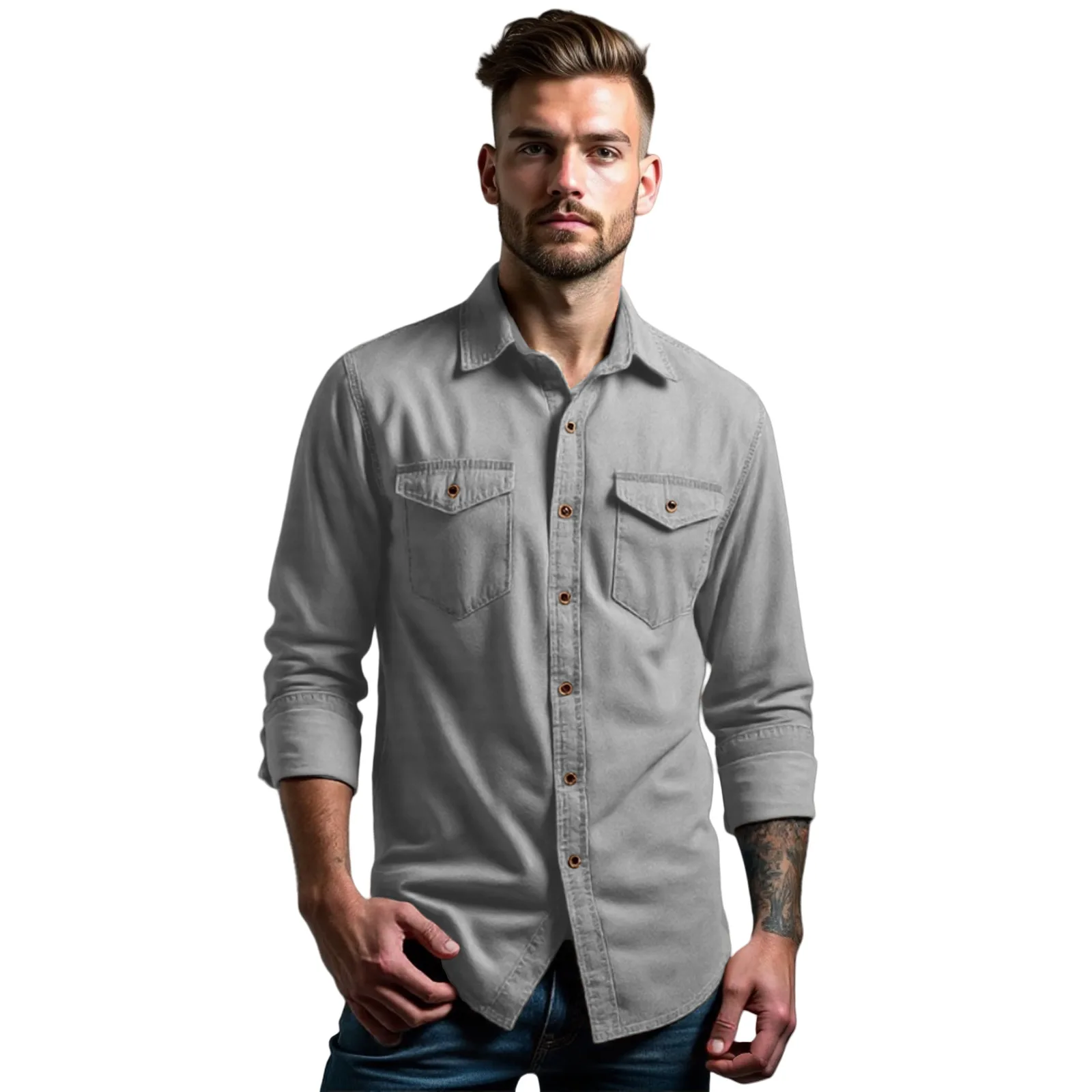 

Men's Spring Autumn Stand Collar Denim Shirt Cardigan Casual Long Sleeve Shirts for Men Jacket