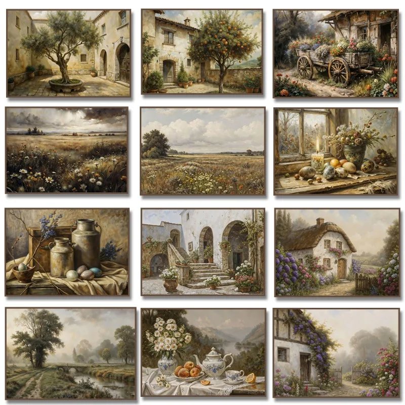 Póster de paisaje de primavera y río, cabaña rústica, jardín, olivo, naturaleza muerta, pintura en lienzo de Pascua, impresión, cocina, habitación, decoración del hogar
