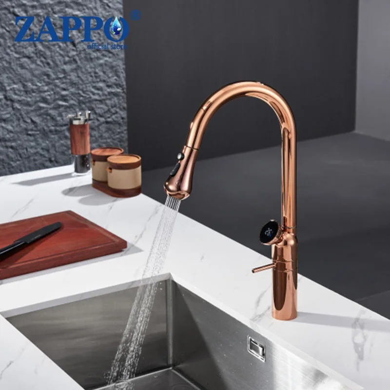 ZAPPO 3 Modes Kitchen Faucet Rose Gold  360 Swivel Pull Down Sink Faucets LED Temperature Display High-arc Hot Cold Mixer Tap