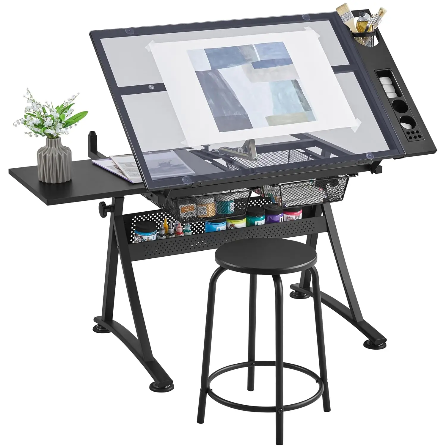 Adjustable Drafting Table & Stool, Tilting Glass Art Desk, Black