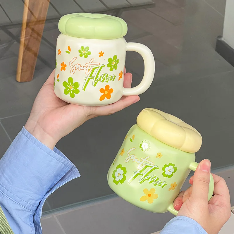 Cute Ceramic Cup with Lid High Value Ins Style Home Couple Water Cup Gift Creative Souvenir Mug Coffee Cups Fresh Coffee Mug