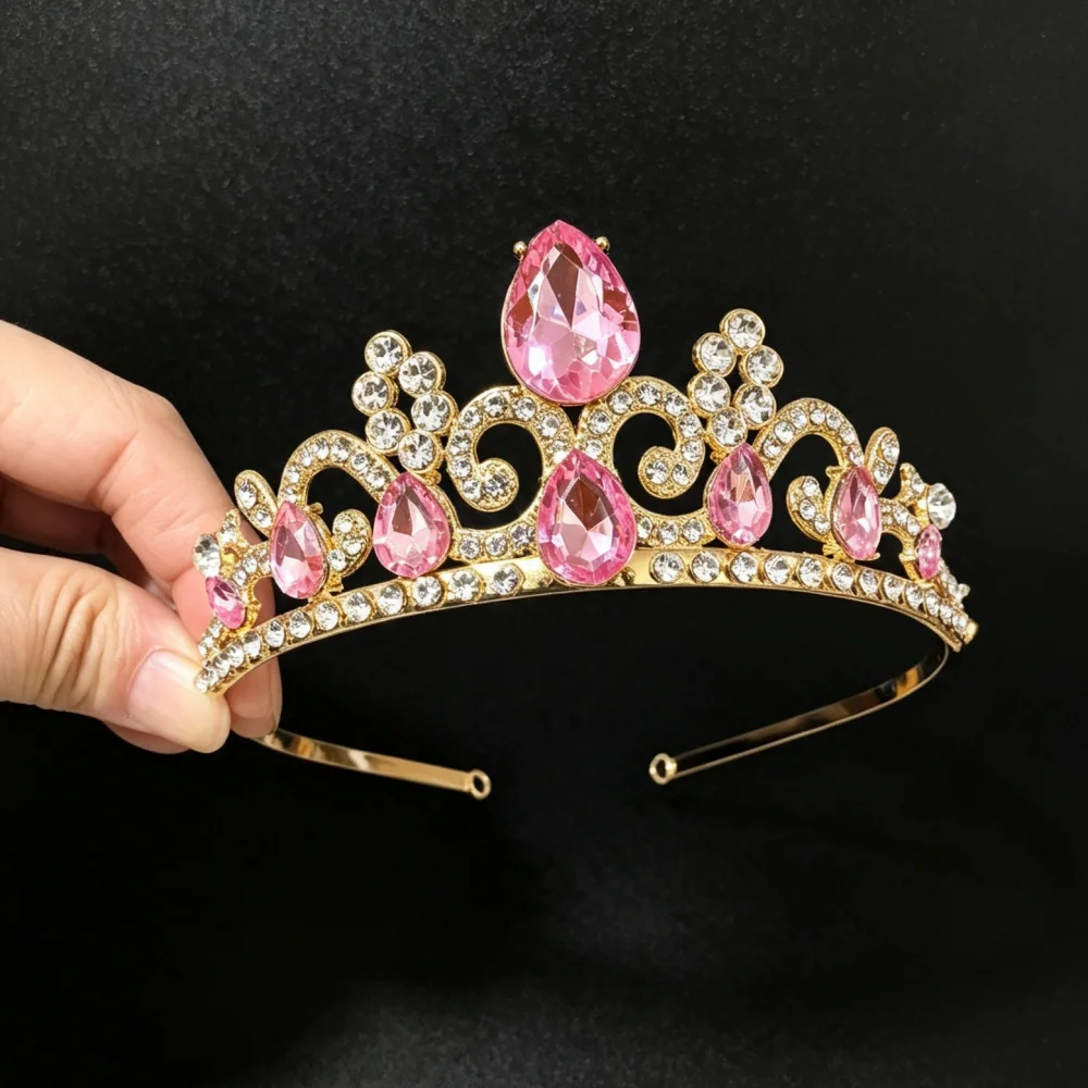 Pink Crystal Princess Tiara Diadem Rhinestone Crown for Girls Birthday Party Cosplay Wedding Pageant Hair Accessories