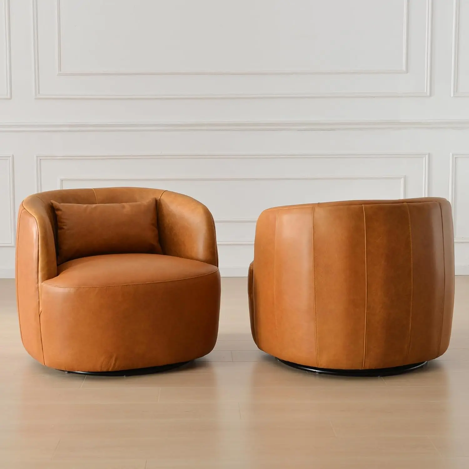 Set of 2 Top Grain Genuine Leather Upholstered Swivel Barrel Chair