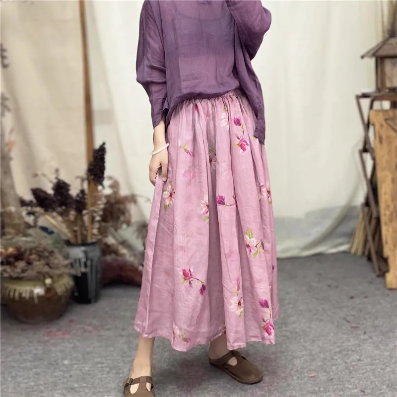 Summer Ethnic Pink Flower Printed Skirt Women Draping Large Swing Elastic Waist Long Skirts Thin Soft Linen Skirt