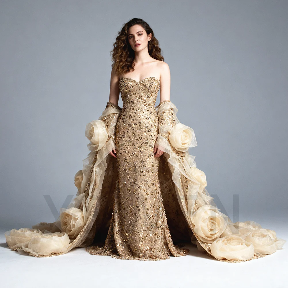 Beaded Mermaid Dress for Photo Shoot with Handmade Flower Jacket Celebrity Dress for Photoshoot Wedding Gowns YW251043