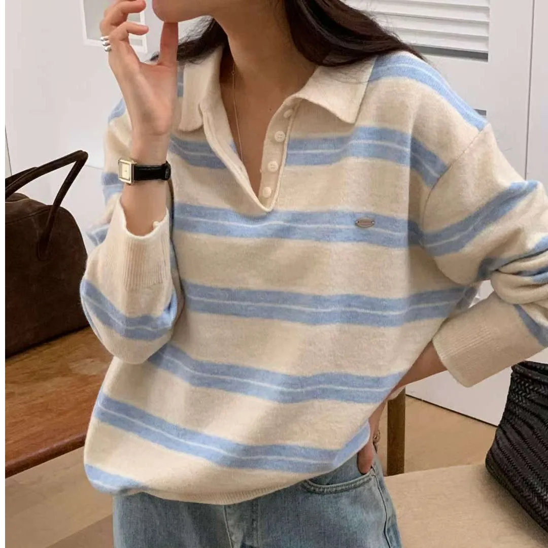 Fashionable Striped Knitted Sweater Versatile Korean Style Loose Fit Color Block Autumn Winter Women's Regular Thickness