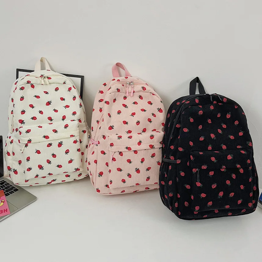 Women Kawaii Strawberry Pattern Backpacks with Pendant Corduroy School Knapsack Multi-pockets Students Daily Schoolbags Mochilas