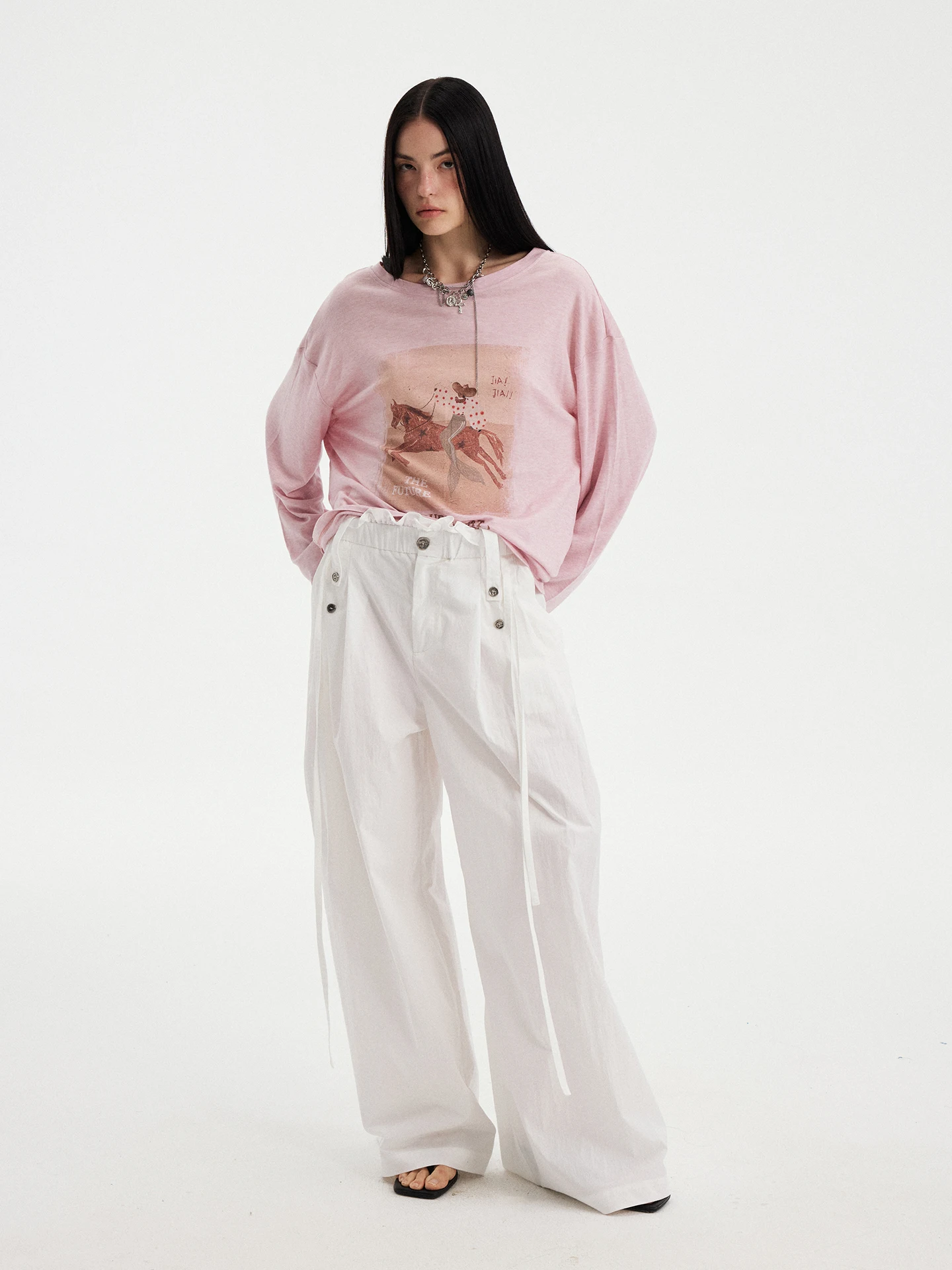DIDDI MODA Summer Loose Wide Leg Pants High Waist Flounce White Casual Trousers for Women Elegant Draped Long Trousers