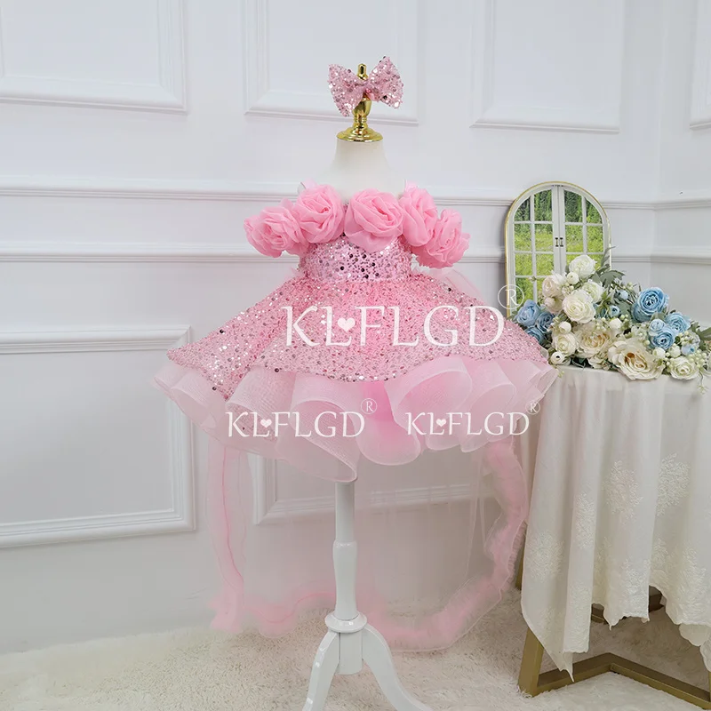 KLFLGD Pink Flower One Shoulder Sequin Dress Girl Luxury Dress Party Gorgeous Elegant Beauty Pageant Tail Evening Dress